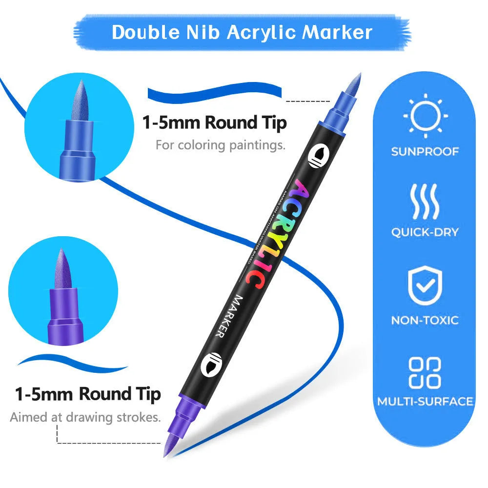 Set of double-headed acrylic marker pens showing broad and fine tips, in assorted opaque colours.