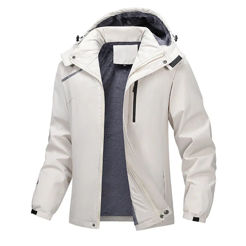 Plus size men's black waterproof hooded winter coat on a hanger.