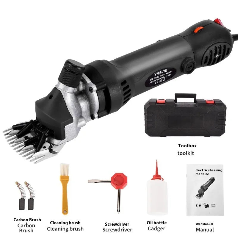 Yellow electric wool shearing machine with 13 straight teeth and complete accessory kit including multiple blade sets