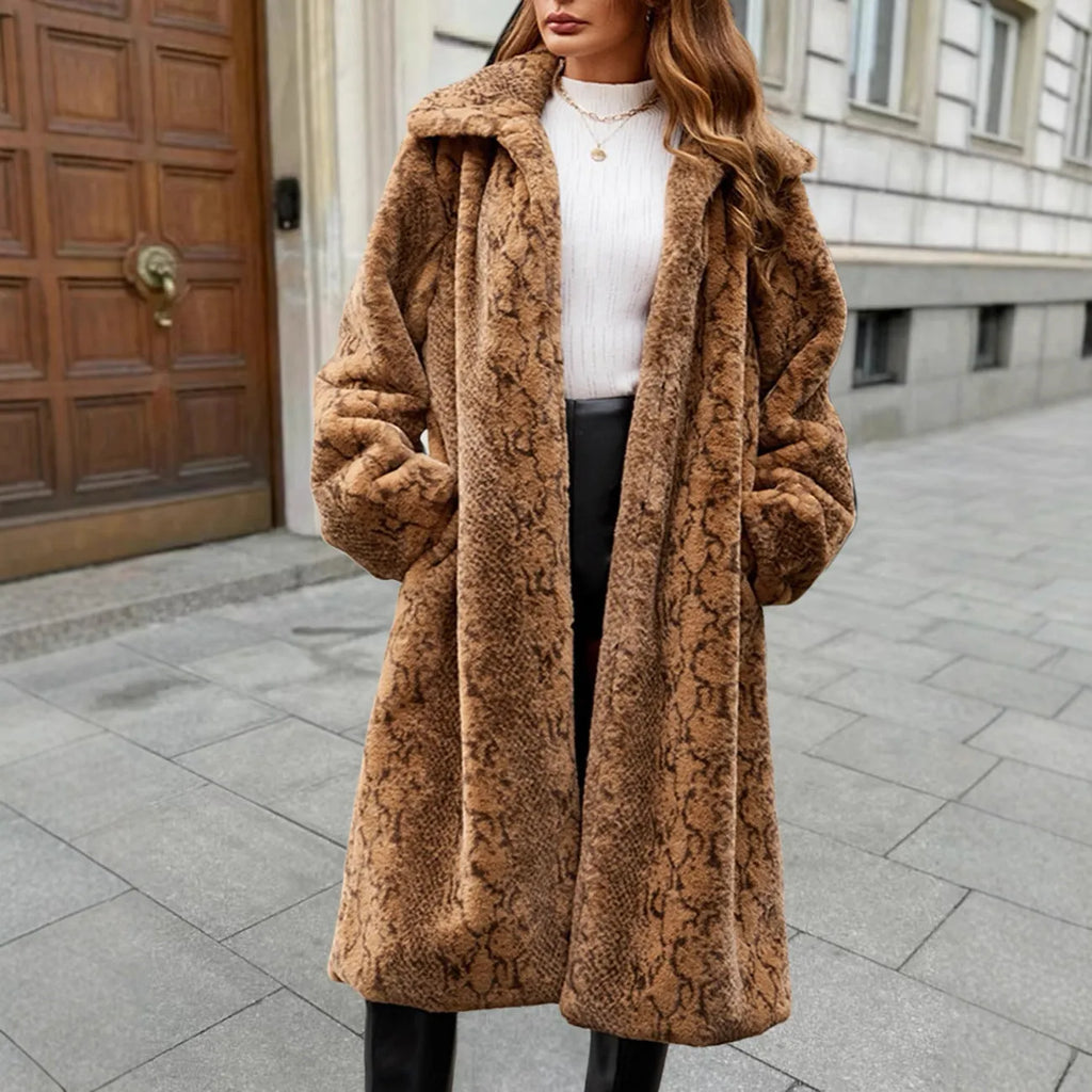 Women's thick brown leopard print faux fur coat with regular sleeves on a hanger.