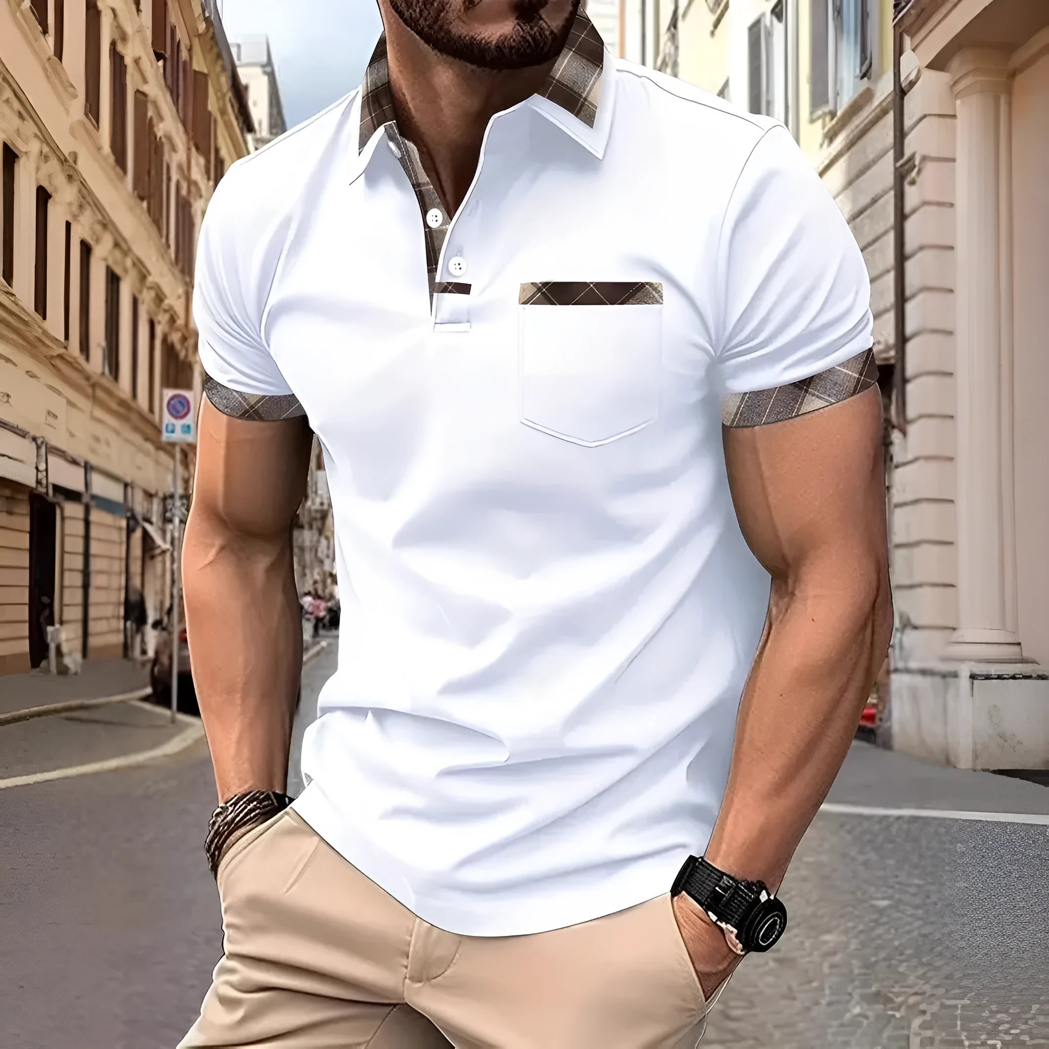 Men's loose fit plaid colourblock t-shirt with decorative zipper elements on short sleeves