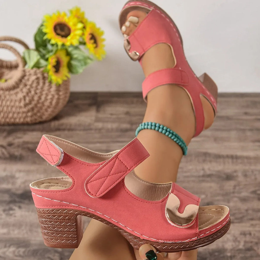 Velcro Roman sandals round toe PU upper light brown colour on white background