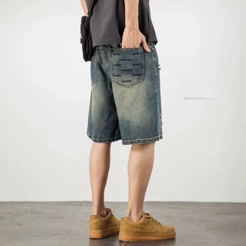 Blue retro loose hole denim men's shorts with straight-leg cut, micro-elastic fabric, in size L