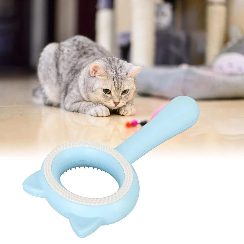 Blue and white double-sided pet grooming brush with a deshedding comb and massage brush head.