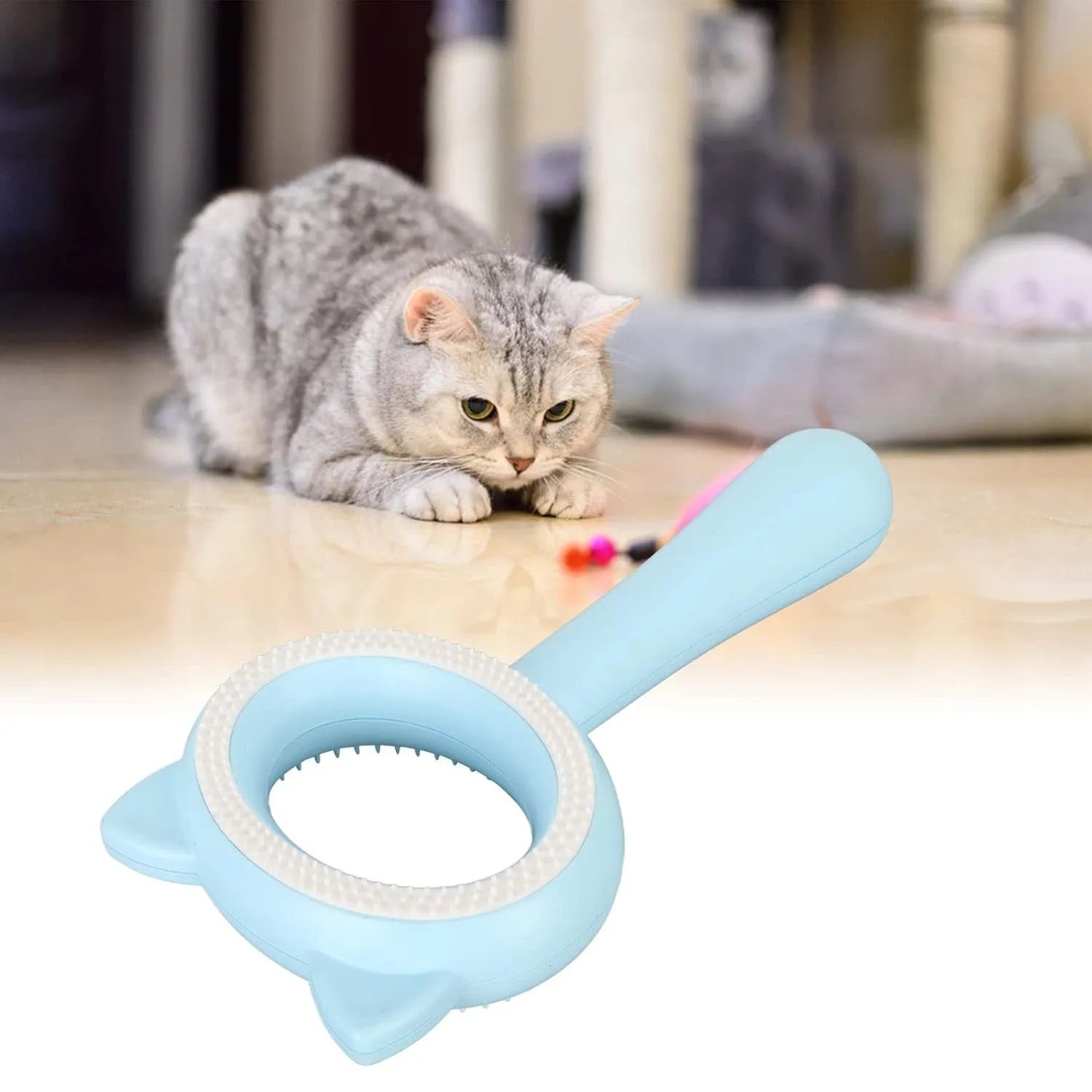 Blue and white double-sided pet grooming brush with a deshedding comb and massage brush head.