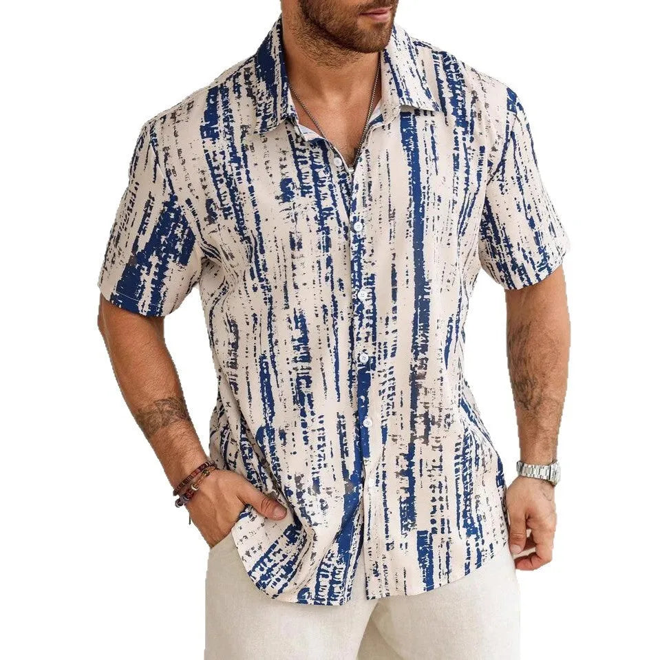 Men's casual short sleeve shirt with 3D printed stripe pattern in polyester fabric