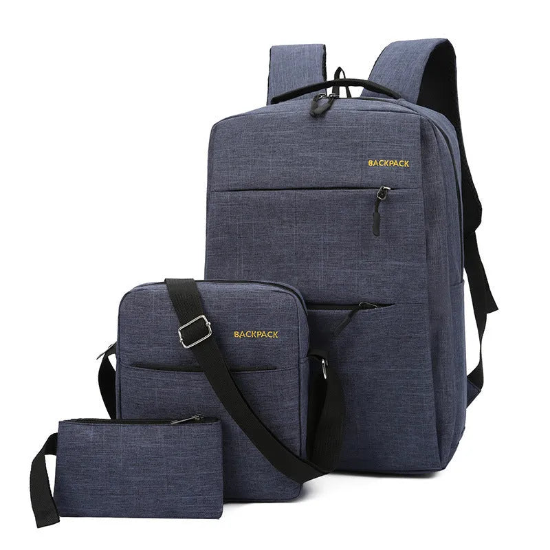 Three men's computer bags in nylon with USB charging ports, shown in wine red, black, grey, and navy blue colour options
