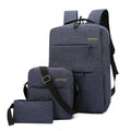 Three men's computer bags in nylon with USB charging ports, shown in wine red, black, grey, and navy blue colour options