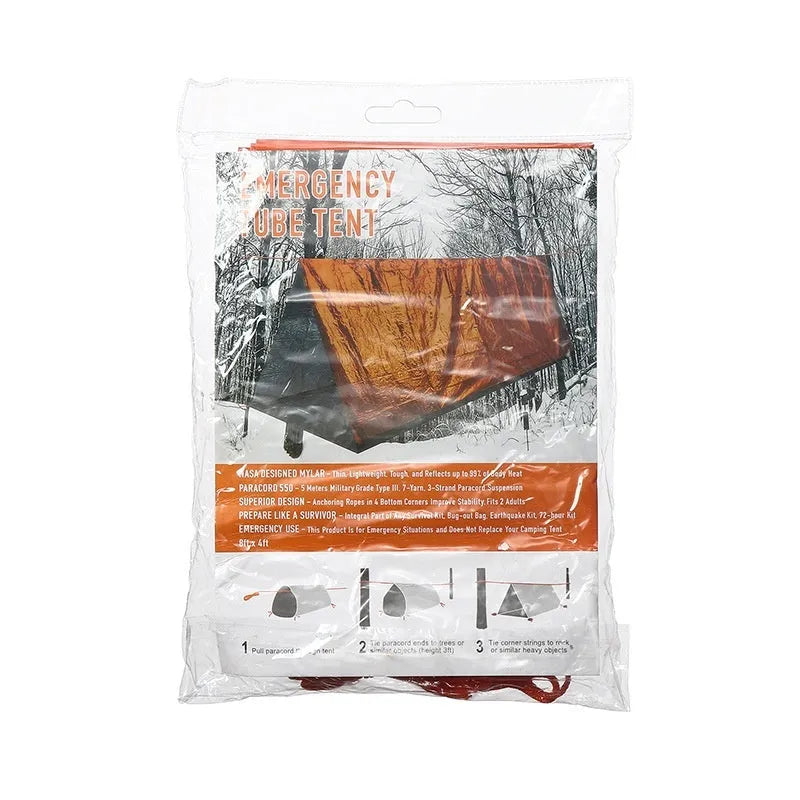 Orange disaster relief tent with sleeping bag and raincoat emergency shelter kit