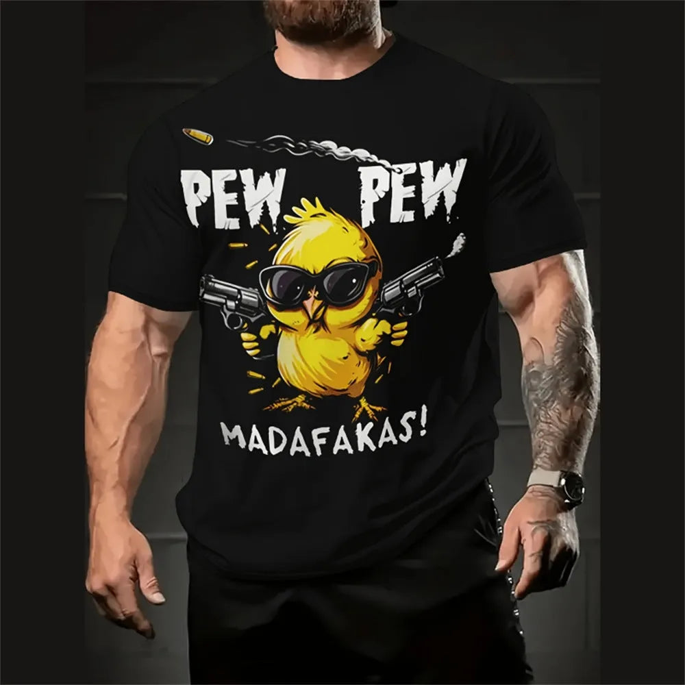Men's loose fit casual T-shirt featuring a 3D printed cartoon pattern on the front.