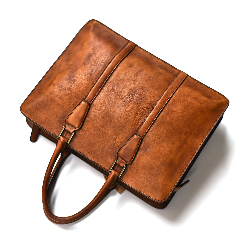 Men's 14-inch leather business handbag in khaki with horizontal design and zipper