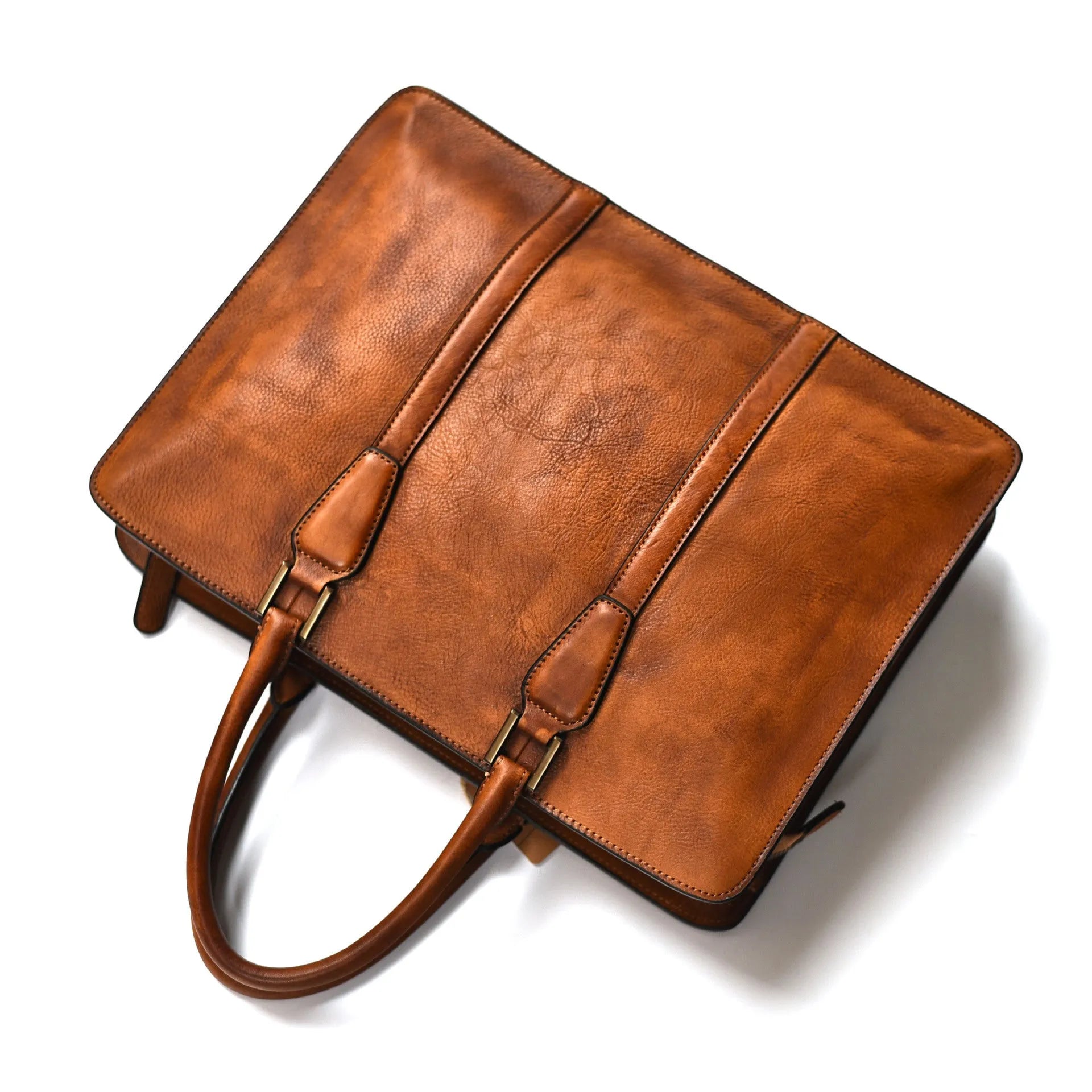 Men's 14-inch leather business handbag in khaki with horizontal design and zipper