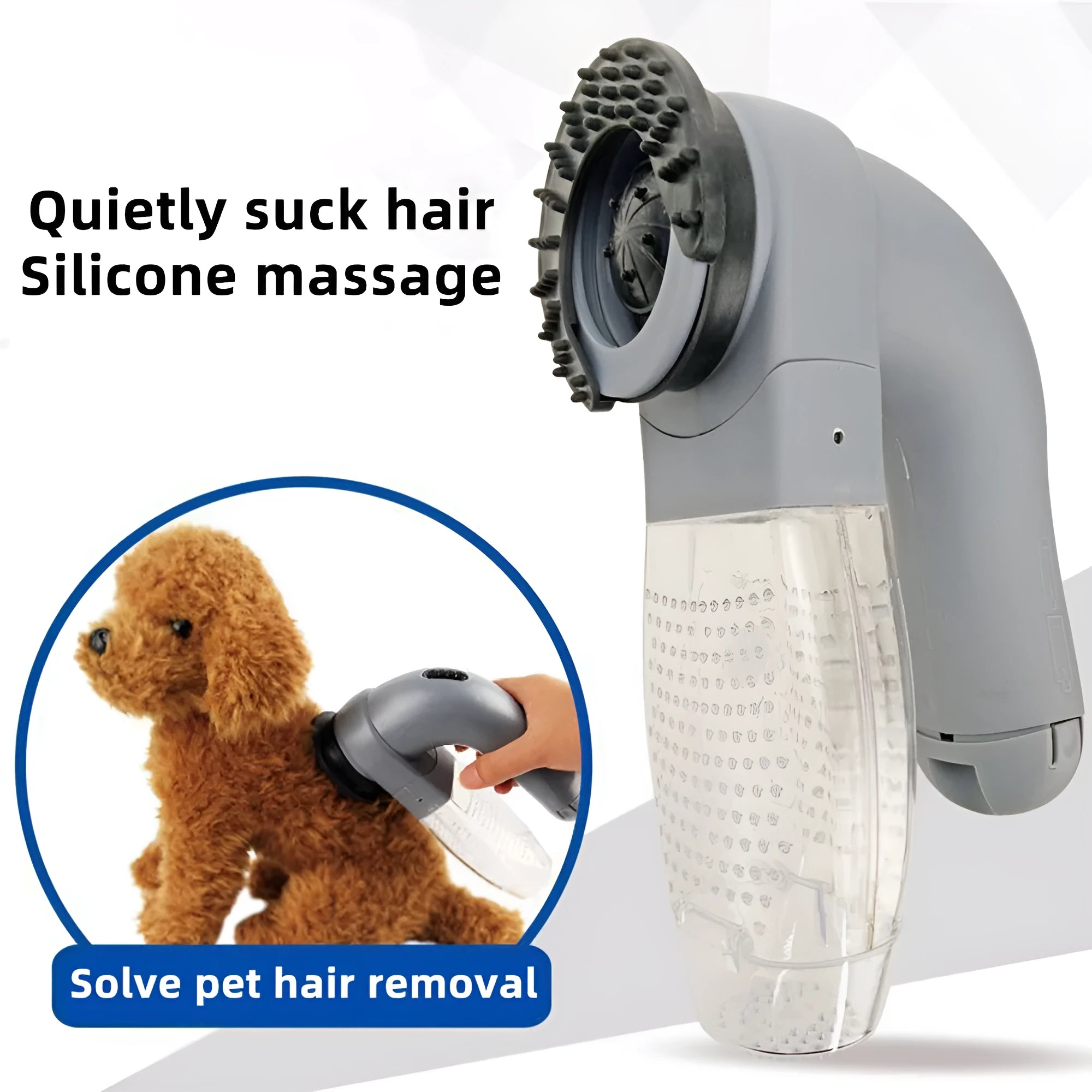 Grey portable electric pet hair remover brush with soft rubber head for grooming dogs and cats.