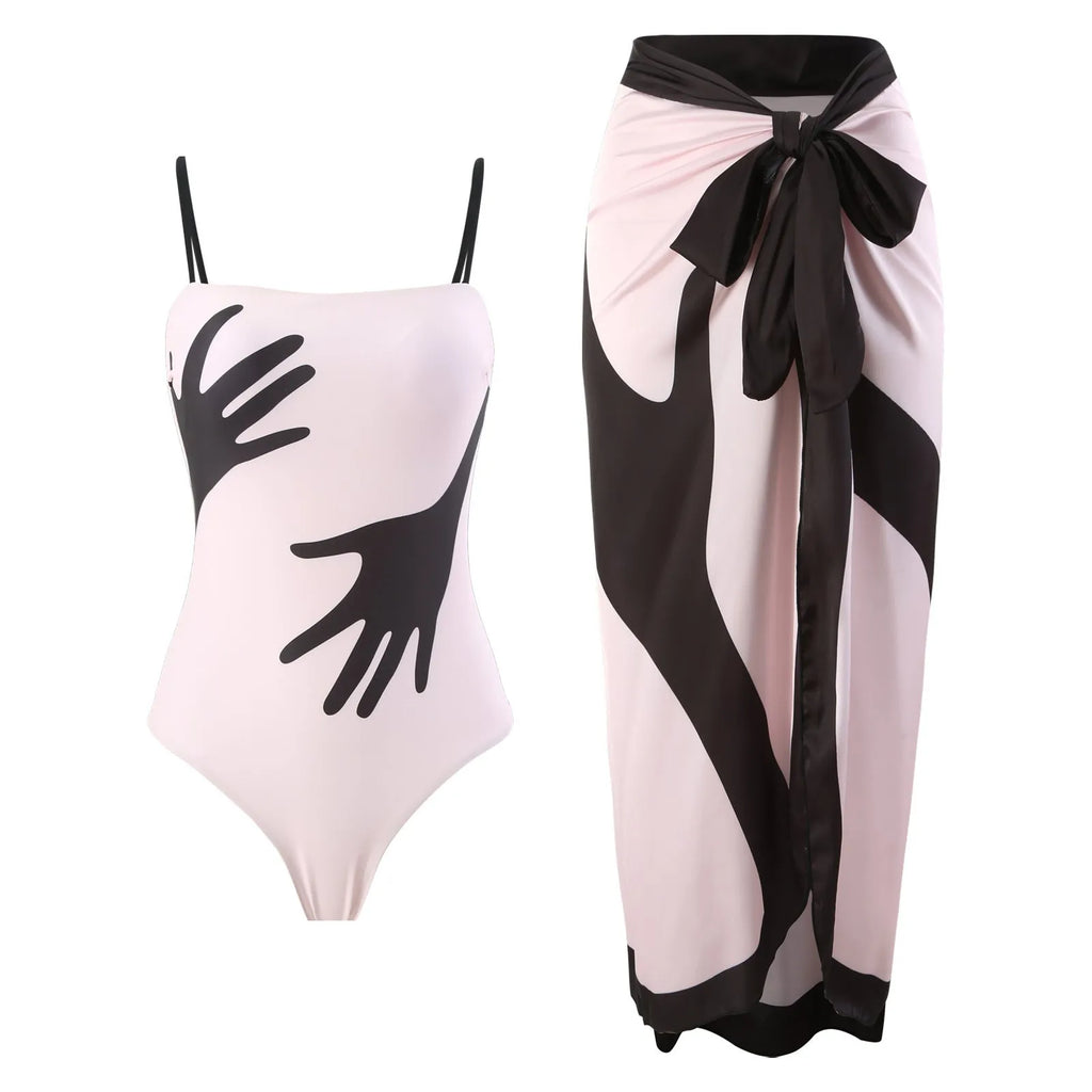 Women's polyester bikini swimsuit with attached tulle skirt in two-piece design