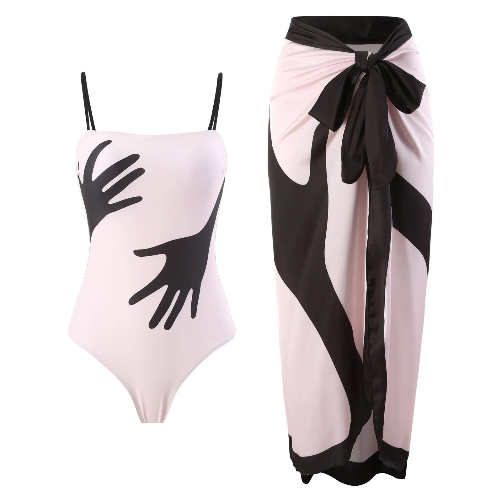 Women's polyester bikini swimsuit with attached tulle skirt in two-piece design