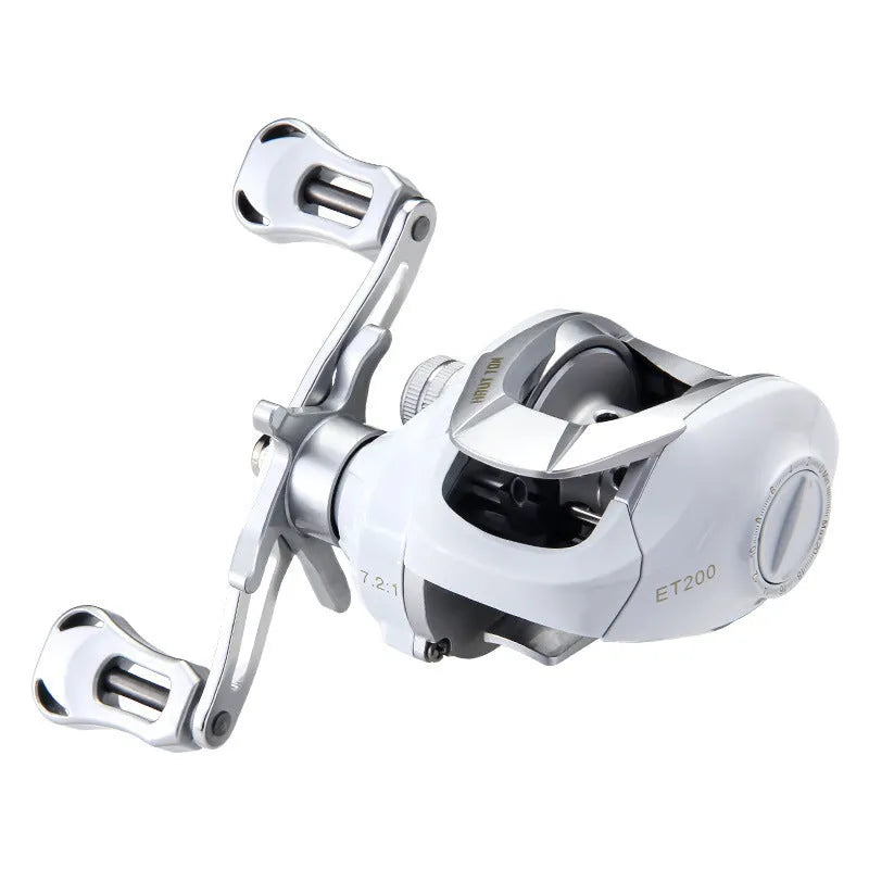 Small white ET Drop Wheel micro bait casting fishing reel on a neutral background.