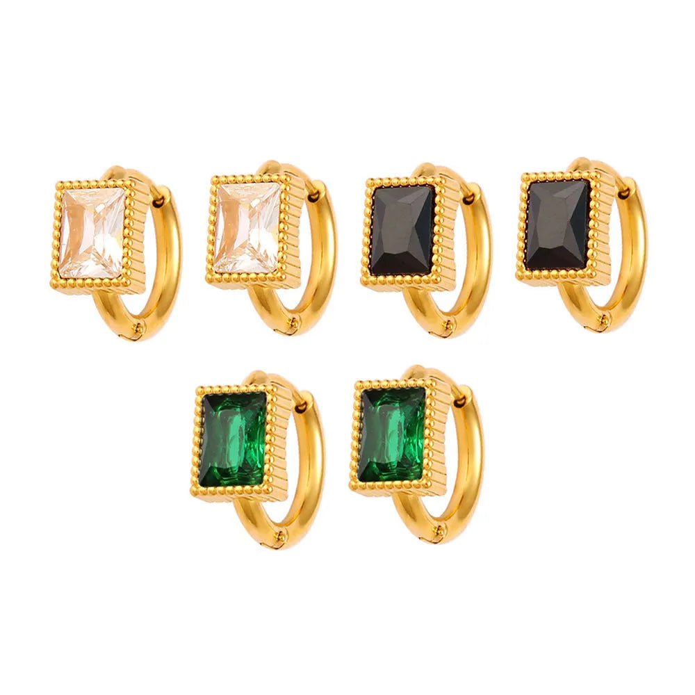 Square zircon stainless steel earrings with geometric design and round ring elements in white, black, or green colours