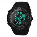 Black men's waterproof outdoor electronic watch with 54.74mm plastic case and WR50M rating
