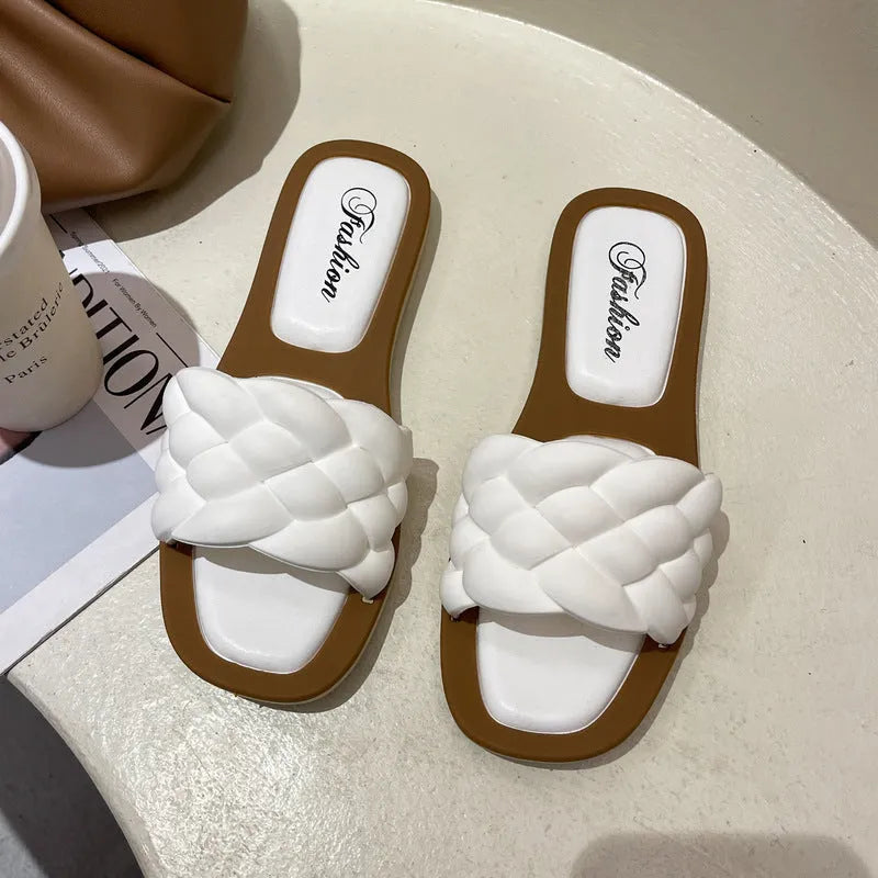 Women's plaid pattern beach sandals with anti-skid PVC soles in thick sole design