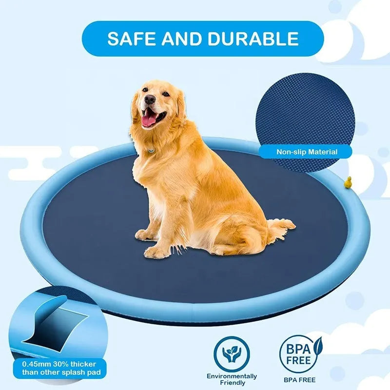 Blue anti-slip dog splash pad sprinkler toy with water sprays, placed on grass.