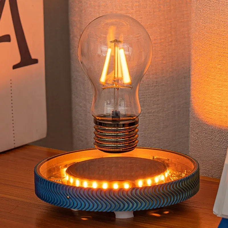 Magnetic levitating moon night lamp with 3D printed texture on a bedside table.