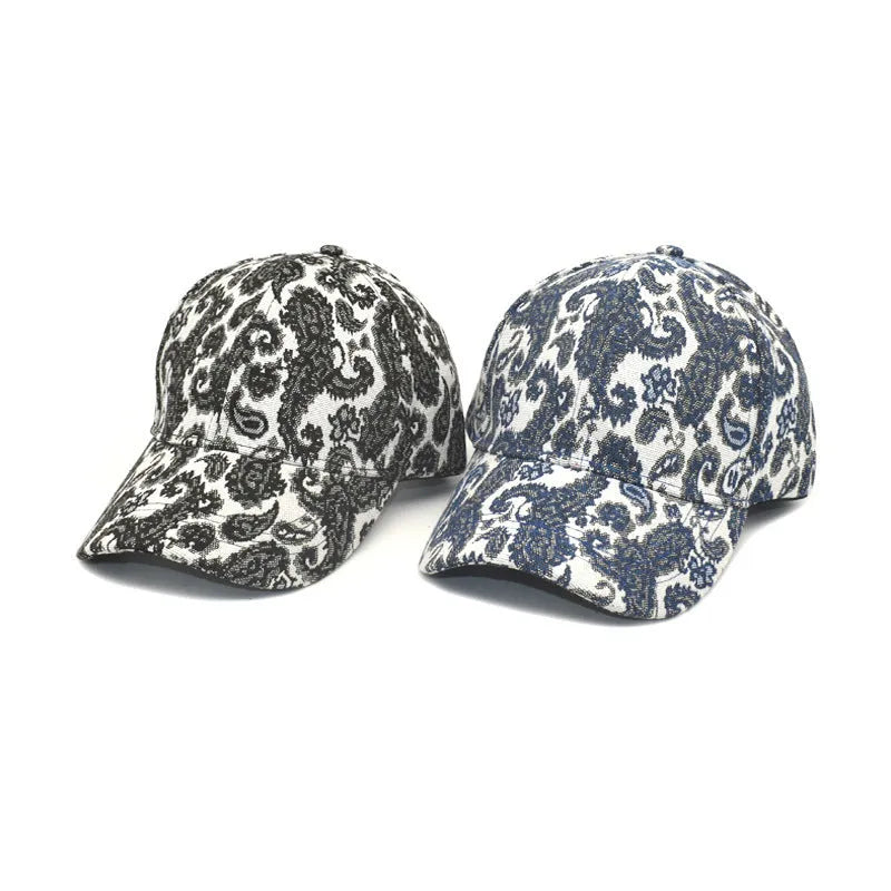 Unisex paisley pattern baseball cap with dome crown in black, blue or wine red, polyester fabric, size M 56-58cm