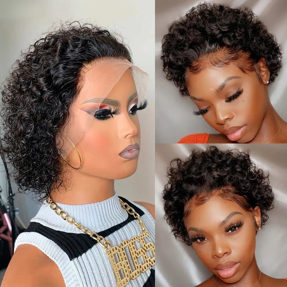 Black human hair pixie wig in colour 13x1 on a stand.