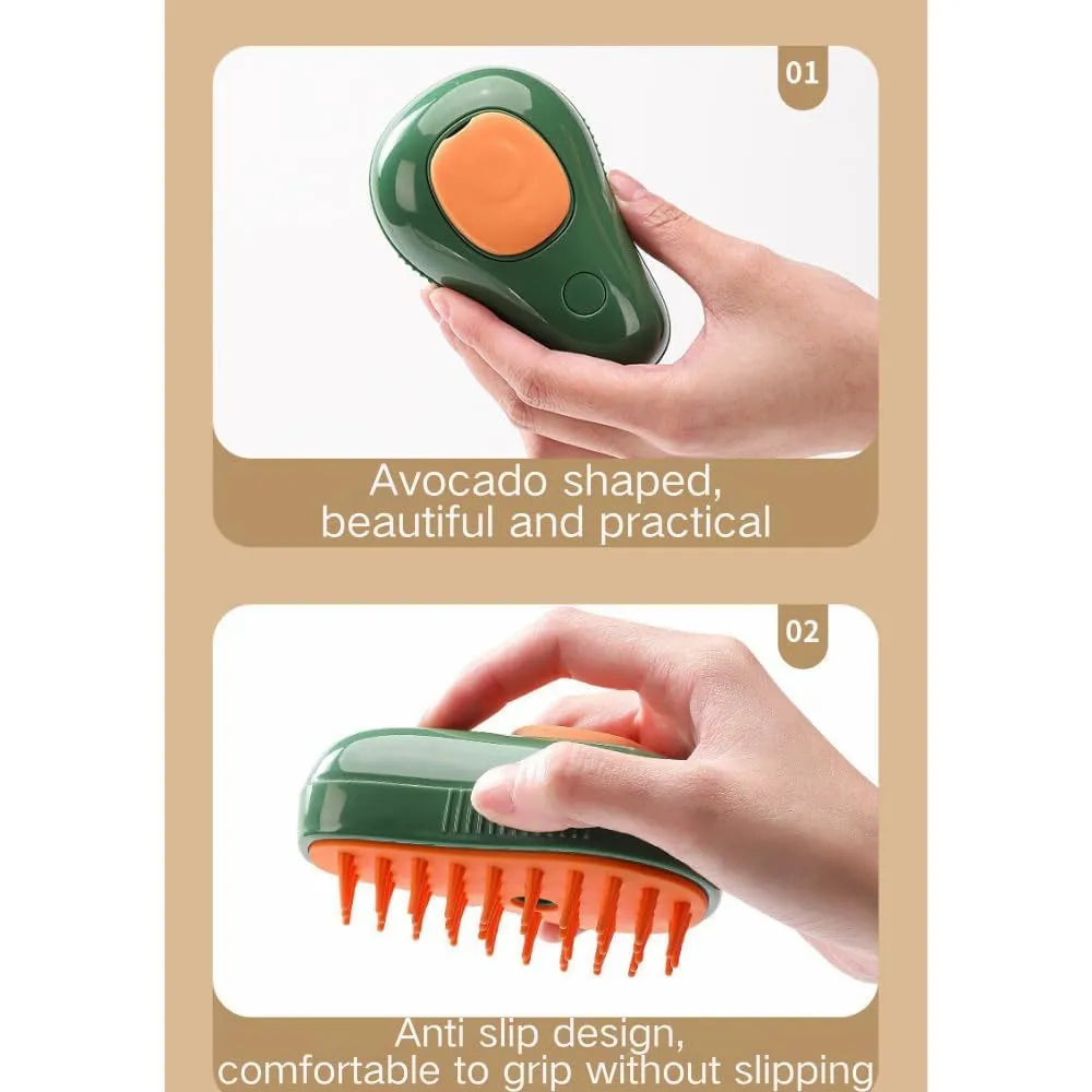 Green and white cat steam brush with silicone teeth and water spray function for pet grooming