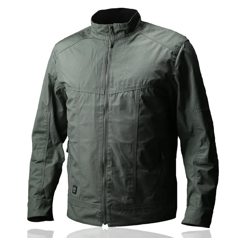 Men's tactical camouflage coat made from wear-resistant polyester with multiple pockets.