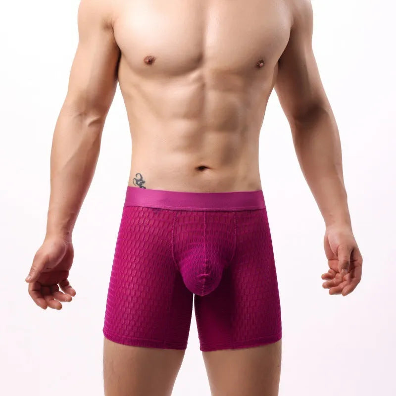 Men's lace mesh boxers in low-waist design with geometric pattern on quick-drying nylon fabric