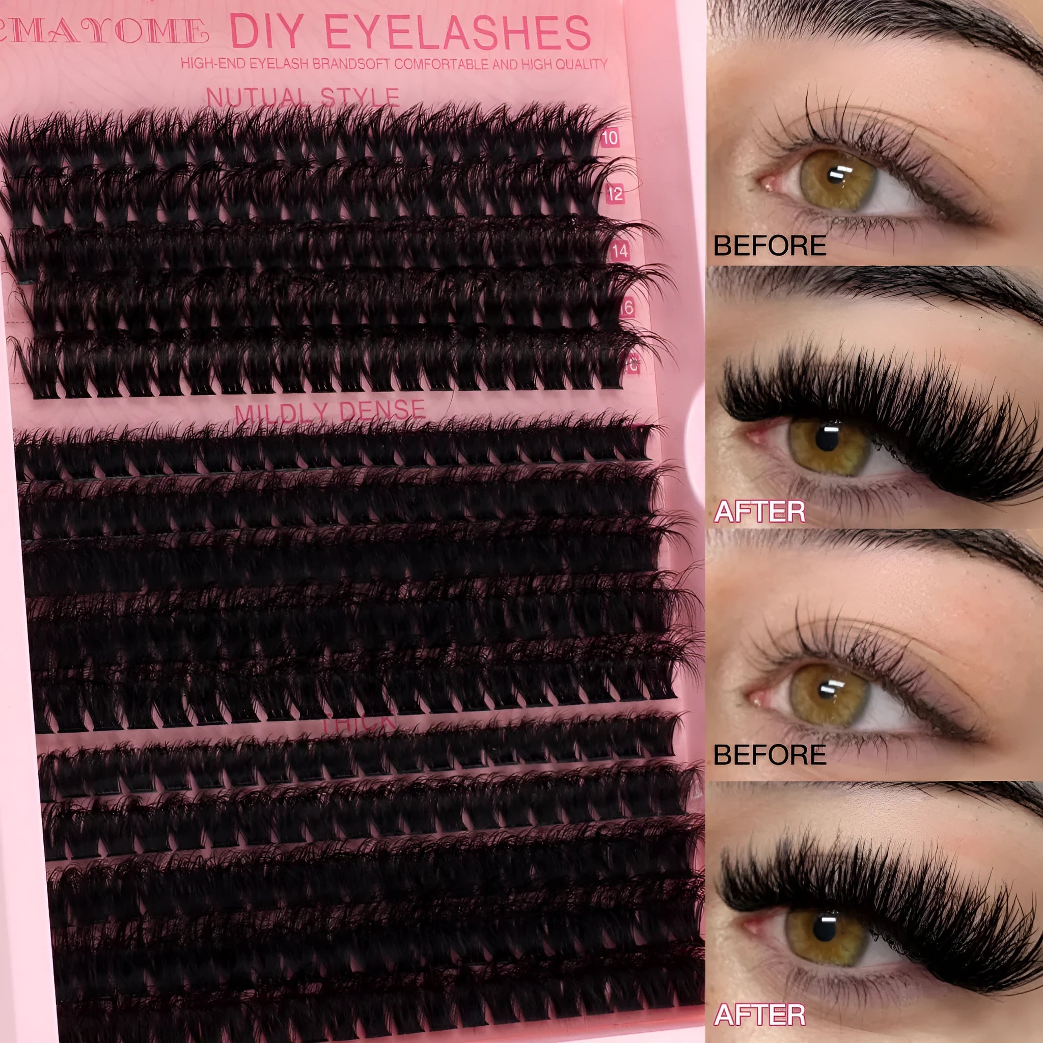 DIY false eyelash extension set showing single cluster lashes with application tweezers
