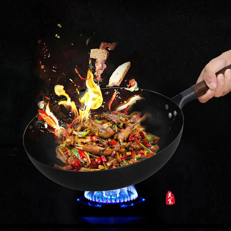 Traditional black iron wok with wooden handle, 40cm diameter