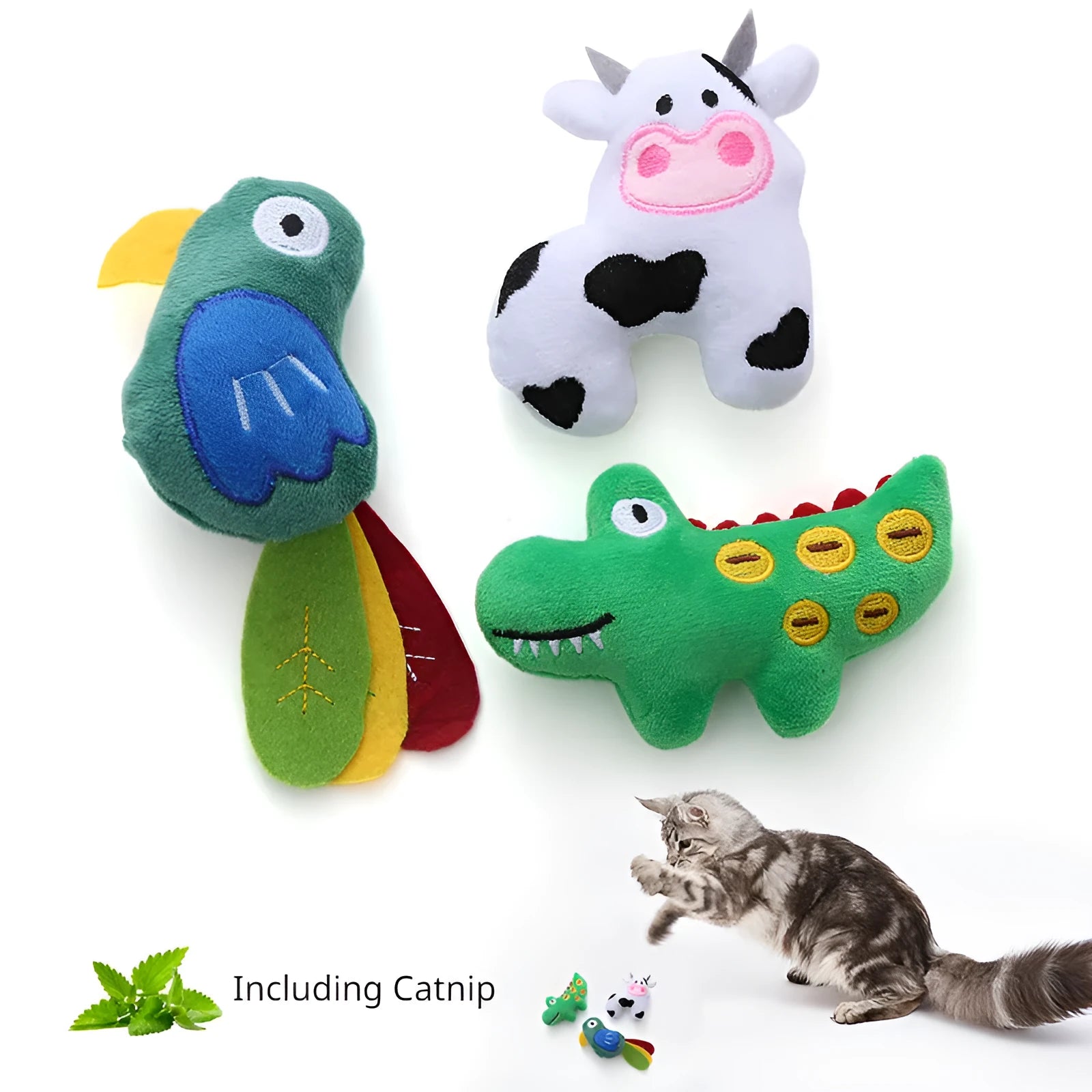 Plush cat toy shaped like a cow with catnip filling for feline play