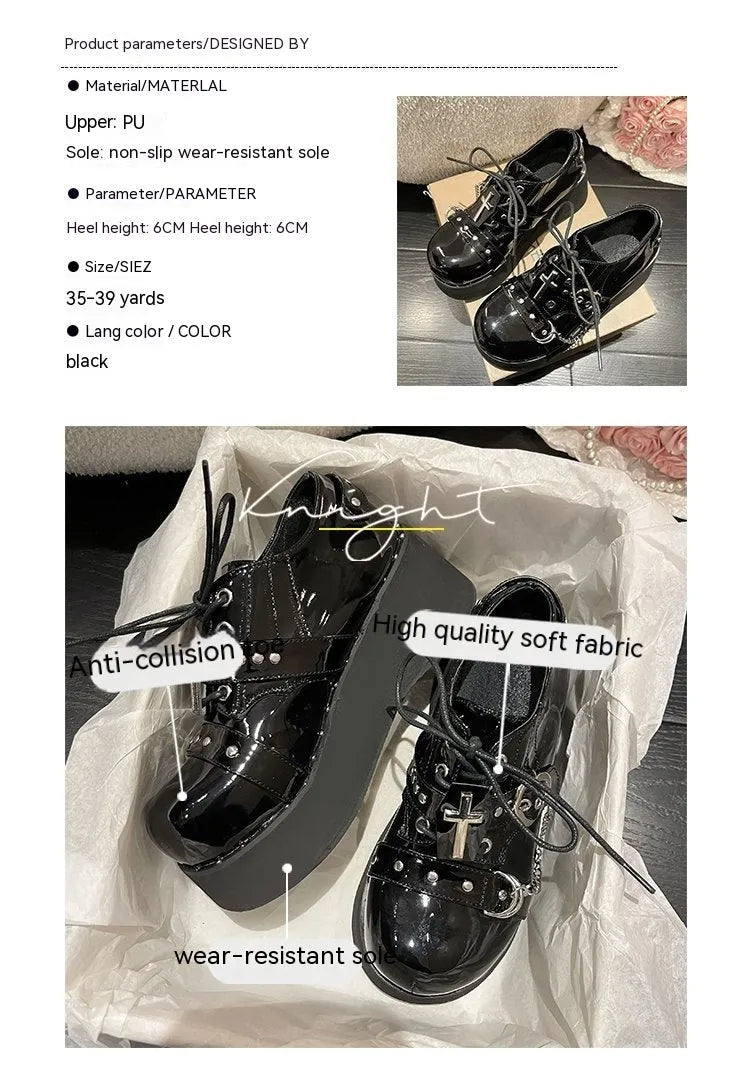 Black punk platform leather shoes with rubber sole and decorative stitching in dark lolita style