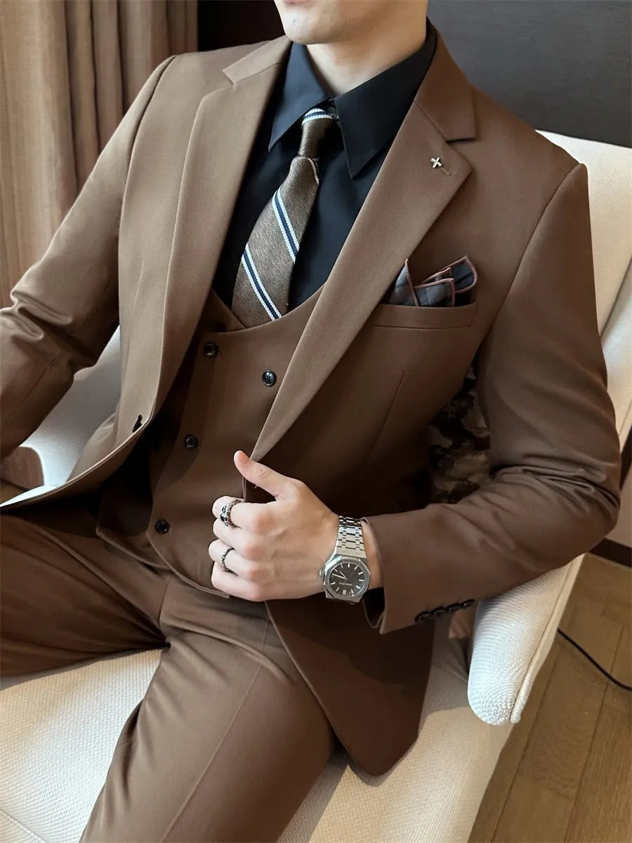 Men's slim fit business formal jacket in dark green, brown, and camel colour options