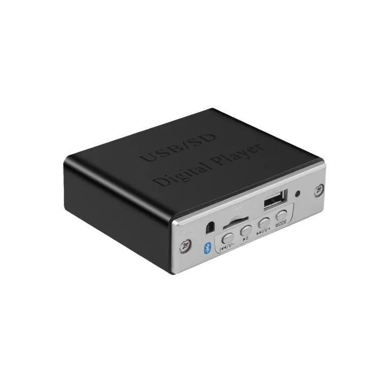 White 12V car Bluetooth MP3 decoder with TF card and USB ports, FM radio, and infrared remote control