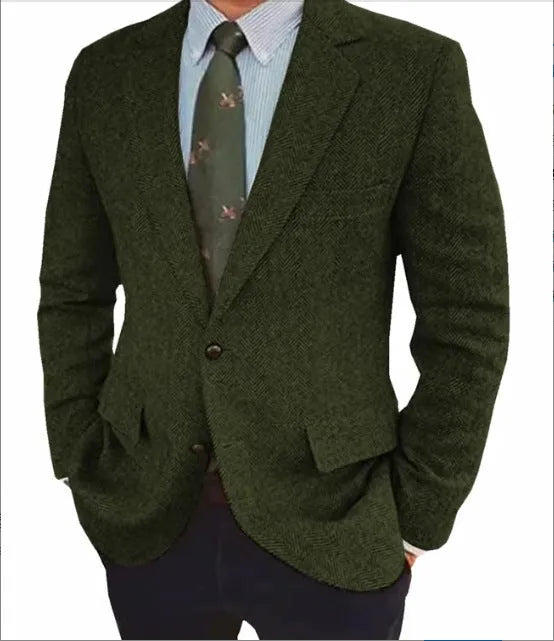 Men's retro herringbone suit jacket in solid colour with long sleeves and flax lining, shown in Brown