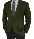 Men's retro herringbone suit jacket in solid colour with long sleeves and flax lining, shown in Brown