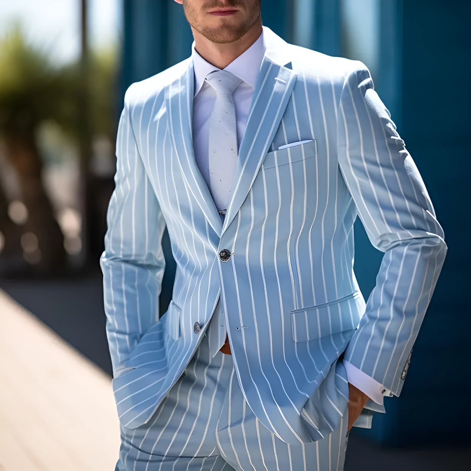 Blue and white button men's British style suit jacket with straight hem and digital printing