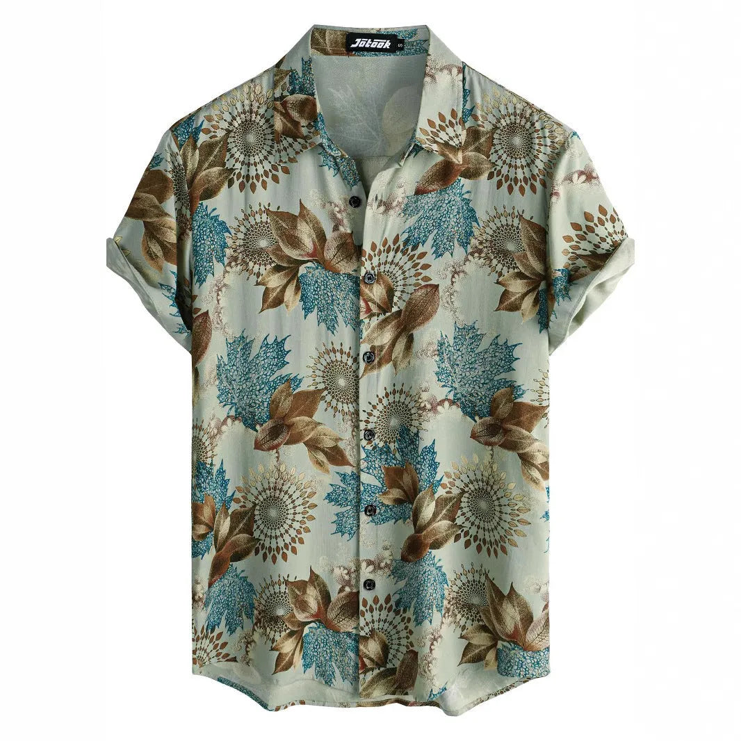 Hawaiian print short sleeve shirt with floral pattern and lapel design in street fashion style