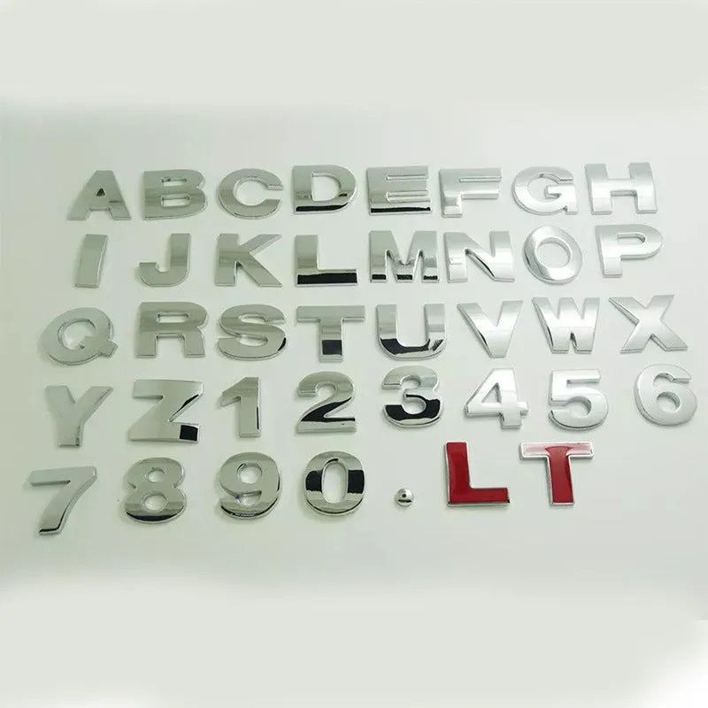 3D metal car bumper sticker showing dimensional English letter on car surface