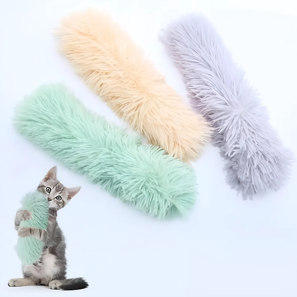 Soft plush interactive cat toy pillow with crinkle sound, filled with natural catnip, shown in multiple colour options.