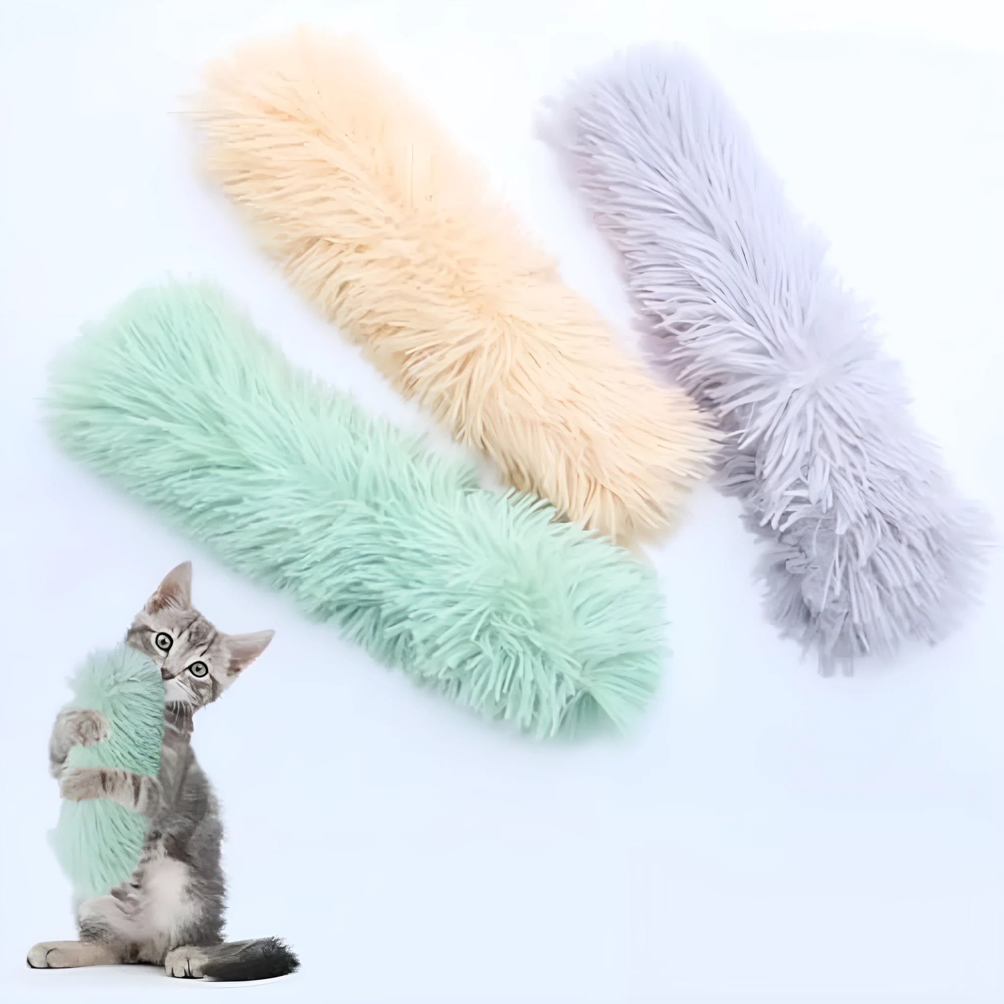 Soft plush interactive cat toy pillow with crinkle sound, filled with natural catnip, shown in multiple colour options.