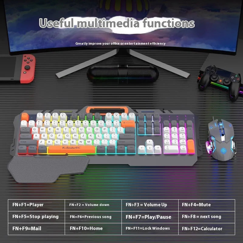 Blue wired gaming keyboard and mouse combo with backlit keys on gaming desk