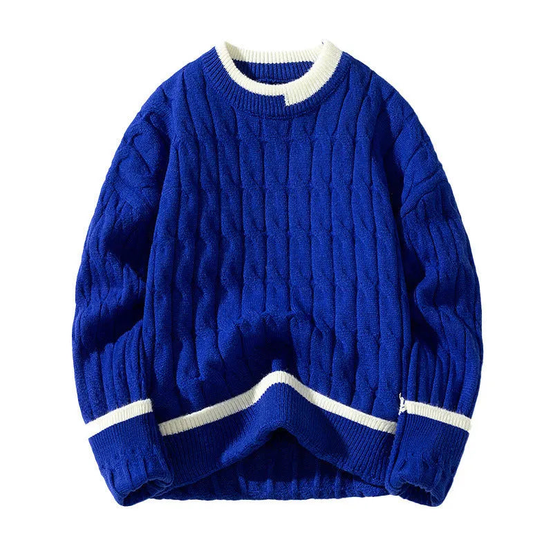Man wearing a loose fit light blue modal acrylic blend long sleeve pullover sweater