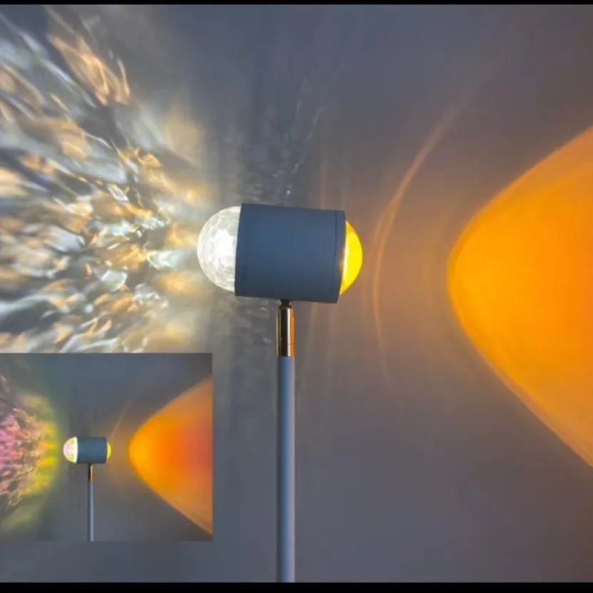 Minimalist modern floor lamp projecting water wave patterns with sunset red or rainbow colour options