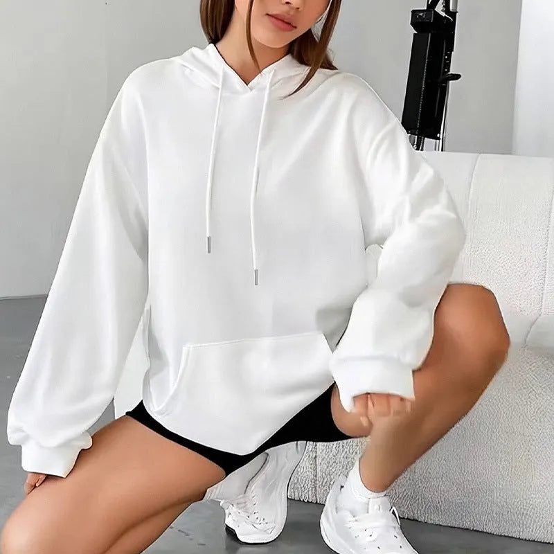 Women's loose black drawstring pocket sweatshirt with long sleeves and a front kangaroo pouch.