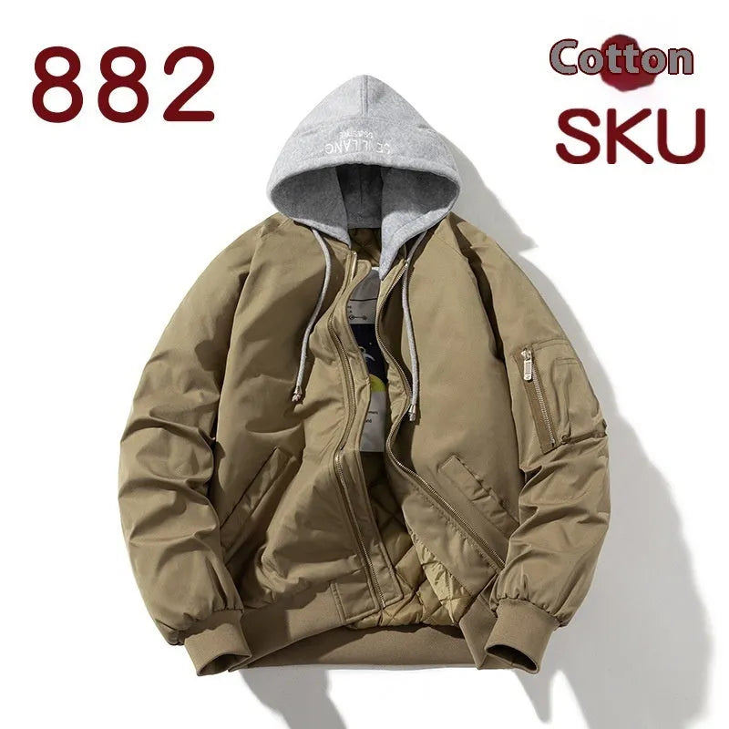 Loose-fitting solid colour pilot jacket with polyester lining for plus size, available in black beige green with hat or cotton lining options