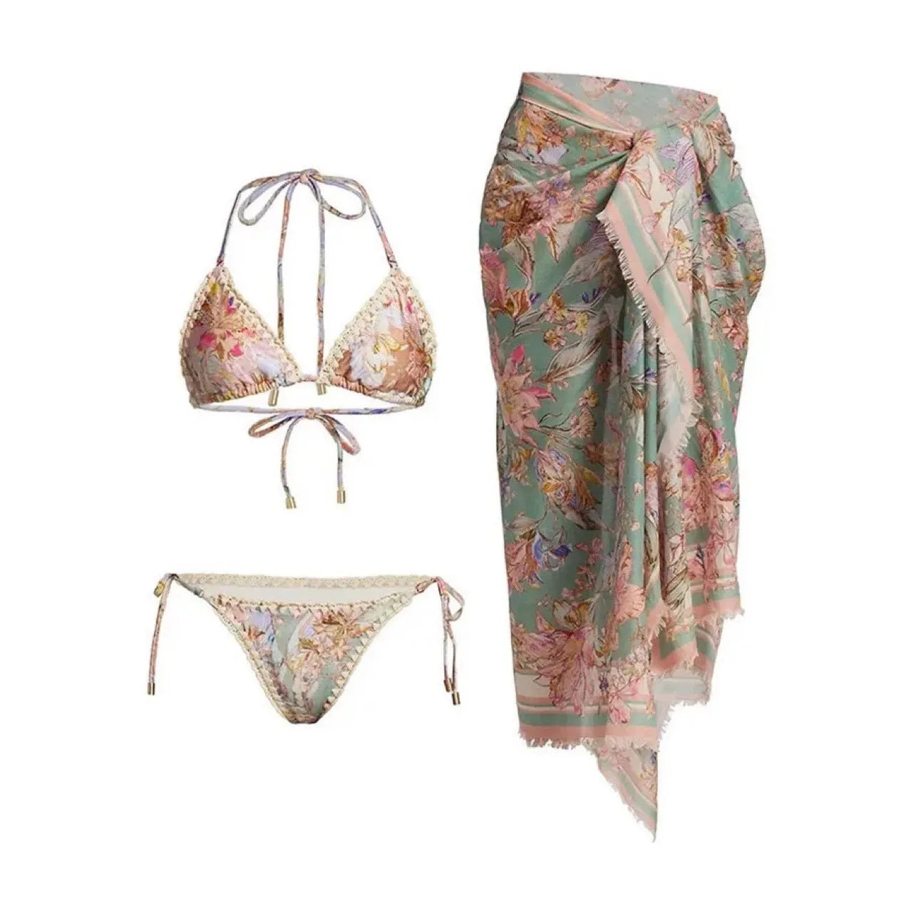 Women's creamy-white floral bikini set with halter top, briefs, and skirt