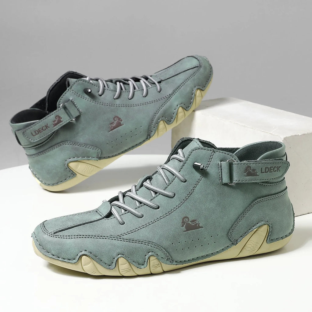 Men's high-top octopus design shoes in khaki, flat rubber sole, microfiber upper.